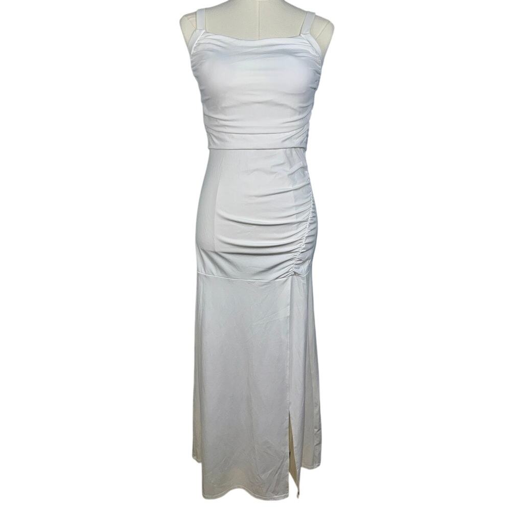 NWOT Halara White Ruched Lace Up Open Back Bodycon Pencil Maxi Dress Size M